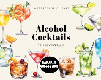 Watercolour Cocktail Clipart, High Quality, Signature Cocktail, Alcohol Illustrations, Alcoholic Drinks, Instant download