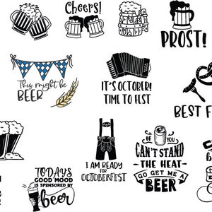 May include: A collection of black and white illustrations featuring beer-themed designs. The illustrations include beer mugs, pretzels, and text such as "Cheers!" and "Prost!"  The illustrations are perfect for creating beer-themed crafts, decorations, or apparel.