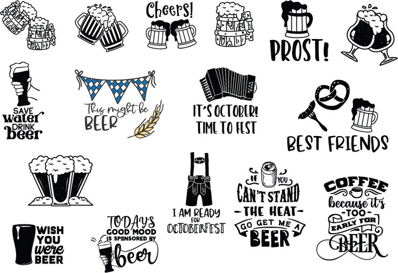 May include: A collection of black and white illustrations featuring beer-themed designs. The illustrations include beer mugs, pretzels, and text such as "Cheers!" and "Prost!"  The illustrations are perfect for creating beer-themed crafts, decorations, or apparel.
