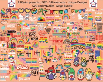 May include: A collection of 248 unique LGBT-themed designs featuring rainbows, hearts, gnomes, and text phrases like "Love is Love", "Pride", and "Be Yourself". The designs are available in SVG and PNG file formats.