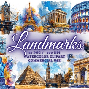 Landmarks Watercolor Travel Stickers, 25 PNG files. Travel, world, city landmark, Statue of Liberty, Instant download, Landmark clipart.