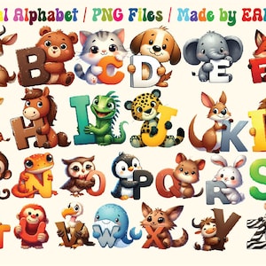 Pacote de clipart de alfabeto de animal fofo PNG transparente, clipart de pacote, arte de animal para impressão, clipart de berçário, uso comercial gratuito