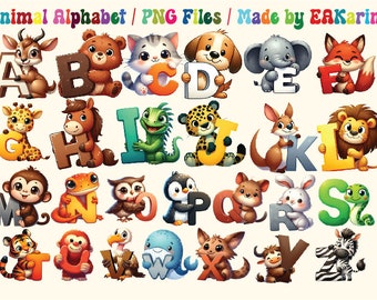 Cute Animal Alphabet ClipArt Bundle Transparent PNG, Bundle ClipArt, Printable Animal Art, Nursery Clipart, Free Commercial Use
