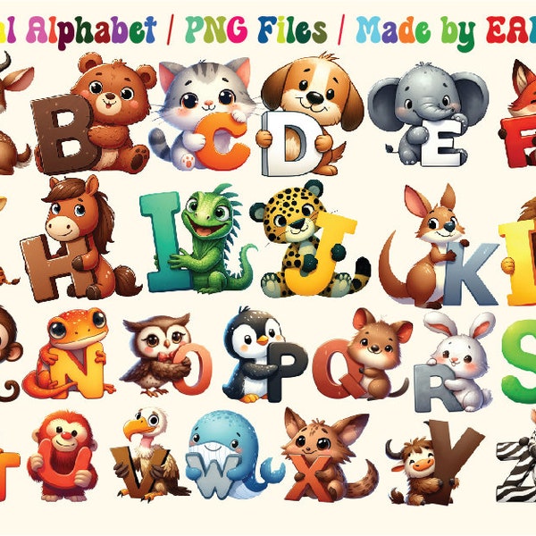 Cute Animal Alphabet ClipArt Bundle Transparent PNG, Bundle ClipArt, Printable Animal Art, Nursery Clipart, Free Commercial Use