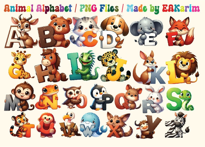 Cute Animal Alphabet ClipArt Bundle Transparent PNG, Bundle ClipArt, Printable Animal Art, Nursery Clipart, Free Commercial Use