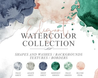 May include: A collection of watercolor shapes and washes in shades of gray, green, and pink. The colors are labeled "Pale Grey", "Agate Grey", "Deep Grey", "Midnight Green", "Pale Green", and "Blush Pink".