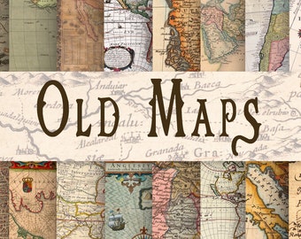 Antique maps, 16 sheets, old world vintage travel maps, grunge junk journal ephemera kit supply, antique paper crafts, digital scrapbook kit