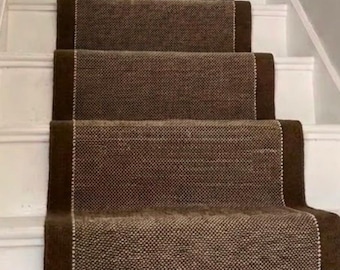 Brown 100% Wool Runner: Modern Flatweave Stairway Hallway Runner - Scandinavian Japandi Minimalist - Mid-Century Herringbone Rug