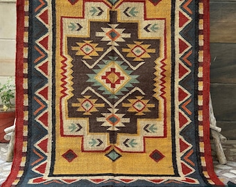 Southwestern Rug: Handmade Kilim Moroccan Wool Jute Area Rug - Mustard Vintage Flatweave Indian Dhurrie