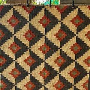 Wool Jute Kilim Rug, Handmade Geometric Traditional Rug, Navajo Geometric Pattern Jute Rug, Handwoven Rug for Living Room / Bedroom Area Rug