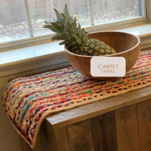 Jute Tischläufer, Handgemachter 100% Natürlicher Mehrfarbiger Tischläufer, Mexikanische Baumwolle Jute Tisch Chindi Läufer Teppich, Regenbogen Mehrfarbiger Läufer