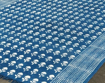 Blue Floral Rug - Indian Hand Block Printed Indigo Cotton Rug - Boho Area Rug - Washable Blue Floral Kilim - Jaipur Traditional Kilim Runner