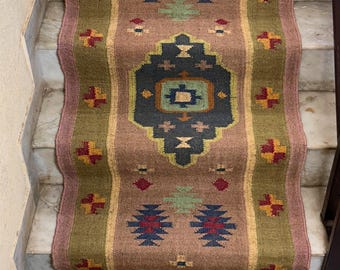 Alfombra Kilim Vintage: Rosa Marroquí Navajo • Azteca Húsar Hecha a Mano • Alfombra Tradicional para Pasillo, Entrada o Escalera