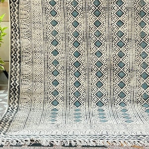 Blue Kilim Rug, Handmade Oriental Cotton Rug, Block Printed Washable Cotton Area Rug, Boho Living Room Rug, Kitchen cotton dhurrie area rug