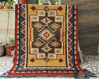 Southwestern Navajo Wool Jute Area Rug | Vintage Kilim Pattern | Handmade Flatweave | Mustard Yellow Base | Indian Style Border Rug