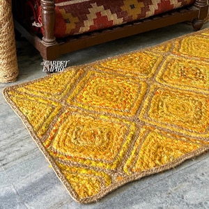 Hand Braided Boho Yellow Chindi Area Rug/Runner - Cotton Jute Yellow Runner - Bohemian Christmas Home Decor -Hallway/Entryway/Stair Area Rug