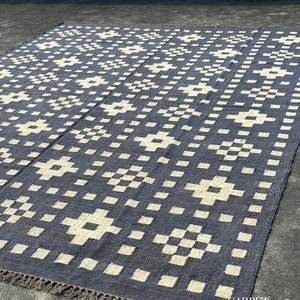 4x6 6x9 8x10 Deep Navy Blue Geometric Kilim Rug | Flatweave Wool and Jute | Traditional Kilim Dhurrie Indian Area Rug | Navajo Blue Runner