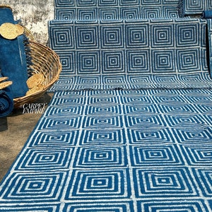 Modern Blue Rug - Indigo Hand Block Printed Blue Rug - Cotton Area Rug - Blue Geometric Boho Area Rug -Washable Pet-Friendly Living Room Rug