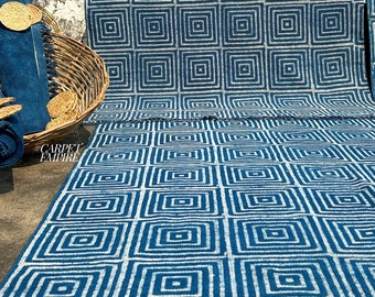 Modern Blue Rug - Indigo Hand Block Printed Blue Rug - Cotton Area Rug - Blue Geometric Boho Area Rug -Washable Pet-Friendly Living Room Rug
