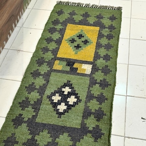Green Stair Runner - Handmade Kilim Runner, Jute Hallway & Kitchen Decor, Custom Size Long , Reversible Kilim for Outdoor Indoor Stairs Jute