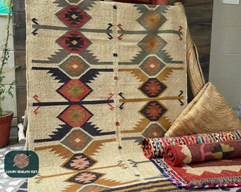 Kilim Area Rug, Mustard Beige Southwestern Geometric Wool Jute Flatweave, Custom Sizes