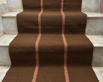 Brown Wool Runner: Handwoven Striped Stair Runner, Hallway Modern Rug, Kitchen Boho Carpet , Beige