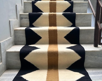 Modern Wool Runner: 100% Soft & Handmade, Black-Beige-White Stair / Hallway Runner, Handwoven Boho Staircase Rug