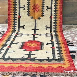 Kilim Stair Runner, Handwoven Red Multicolor Runner, Vintage Aztec Motif Style, Handmade Turkish Stair Decor, Traditional Hallway Runner Rug