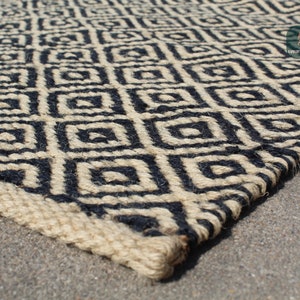 High Traffic Black / Beige Diamond Jute Rug, Indian Handmade Natural, Geometric Diamond Pattern, Modern Decor Jute Area Rug , Hemp Sisal Rug