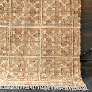 Geometric Jute Rug: Farmhouse Scandi Neutral Kilim • Handwoven • Natural Living Room Cottagecore Area Rug
