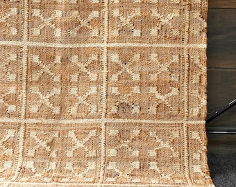 Geometric Jute Rug: Farmhouse Scandi Neutral Kilim • Handwoven • Natural Living Room Cottagecore Area Rug