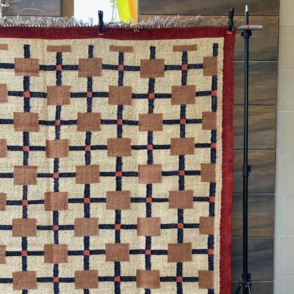 Geometric Wool Jute Traditional Rug - Handmade Vintage Navajo Area Rug - Living Room / Bedroom Decor