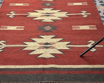 Red Southwestern Rug: Handwoven Wool Jute Kilim Dhurrie - Traditional Vintage Decor -  Flatweave Area Rug
