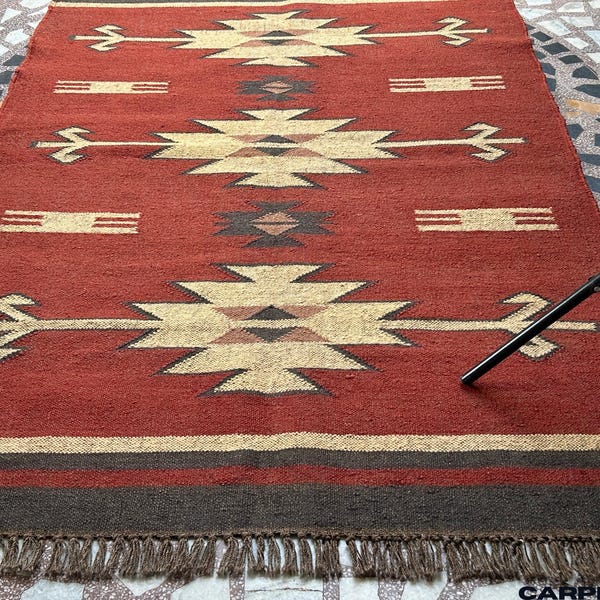 Red Southwestern Rug: Handwoven Wool Jute Kilim Dhurrie - Traditional Vintage Decor -  Flatweave Area Rug