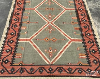 Sage Green Kilim Rug: Terracotta Wool Jute Medallion Rug - Moroccan Tribal Boho Handwoven & Flatweave