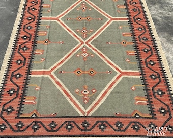 Southwestern Navajo Wool Jute Area Rug | Vintage Kilim Pattern | Handmade Flatweave | Moroccan Kilim Base | Red Indian Style Border Area Rug