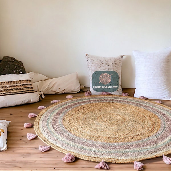 Exclusiva alfombra redonda de yute con borde y flecos de color rosa, alfombra redonda de fibra natural premium, alfombra de decoración Boho Chic, alfombra para niños, alfombra de yute circular