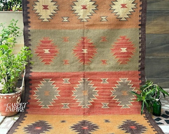 Kilim vintage in lana e iuta: tappeto tribale a trama piatta tessuto a mano, geometrico sud-occidentale, dimensioni personalizzate
