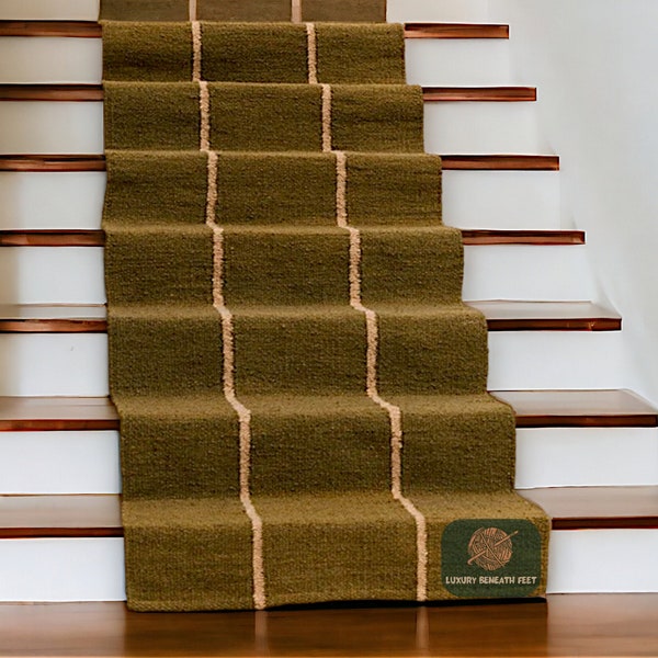 Jute Runner Rug , Olive Green Runner Rug, Staircase runner rug , Striped Runner, Natural Fiber Rug,Custom Size Hallway Runner , Stair Runner