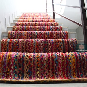 Natural Jute Stair Runner Rug , Cotton & Jute Chindi Runner Rug , Multicolor Runner Rug , Rainbow Rug , Staircase Runner , Custom Runner