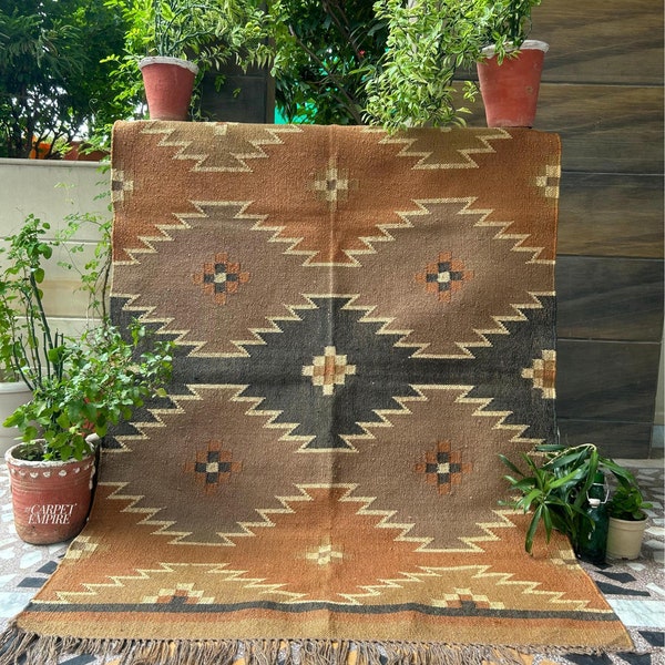 Brown Navajo Rug: Handwoven Vintage Flatweave Area Carpet - Moroccan Kilim Rug for Living Room-Bedroom