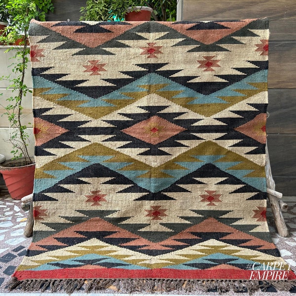 Alfombra de yute y lana kilim navajo tejida a mano / Decoración del suroeste