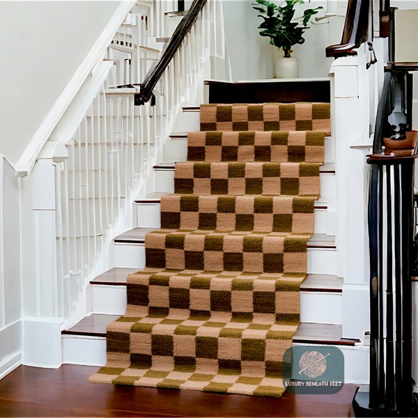 Jute Runner Rug , Checkerboard Runner Rug, Staircase runner rug , Olive Green Rug, Natural Fiber Rug,Custom Size Hallway Runner,Check Runner