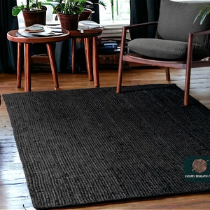 Black Jute Rug, High Traffic Area Rug, Handwoven Natural Fiber Black Rug, Contemporary Rug, Indian Handmade black Jute Rug, Large Area Rug