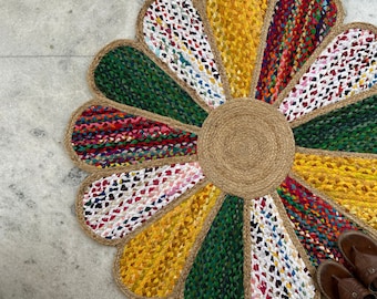 Round Floral Jute Cotton Rug – Handmade Boho Sunflower Chindi Rug – Multicolor Flower-Shaped Round Area Rug – Colorful Kids/Nursery Room Rug