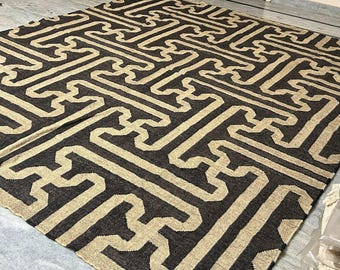 Kuba Kelim Teppich: Wolle Jute Schwarz Beige Tribal Afrikanischer Teppich - Boho Modern & Handgewebt