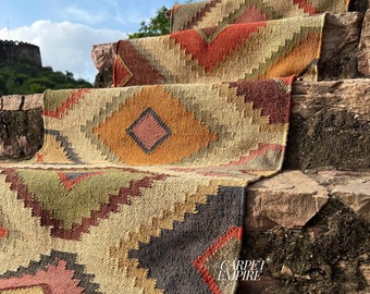 Kelim Treppenläufer | Vintage Aztekenmotiv Stil | Handgemachtes Türkisches Treppendekor | Geometrischer traditioneller Flur, Eingangsbereich Läufer