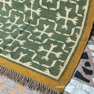 Green Kilim Area Rug: Vintage Southwestern Home Decor, Handmade Flatweave Dhurrie , Traditional Indian Wool