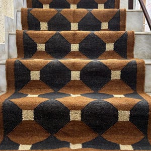 Brown Hallway Runner : Wool Jute Kilim • Geometric Earthy Southwestern • Mid-Century Modern Stair Handwoven Runner