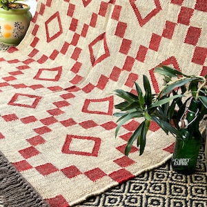 All Sizes Kilim Rug, Handwoven Red Wool Jute Kilim Rug, Modern Rustic Decor Rug, Living Room/Bedroom Rug, Staircase Rug, Geometric Area Rug